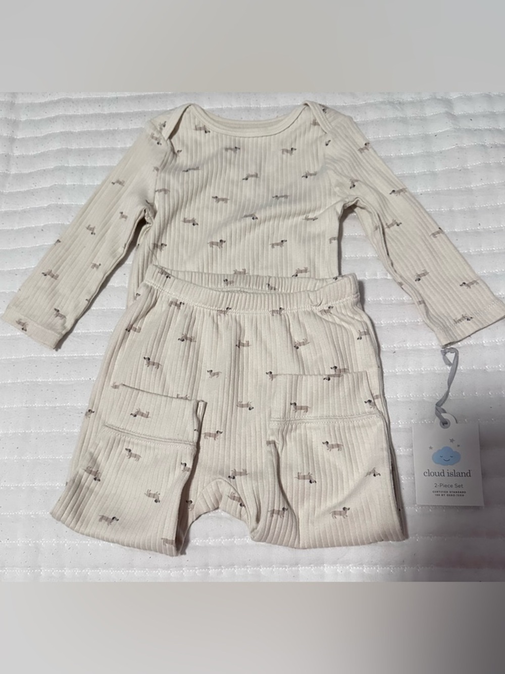 Cloud Island Cream Ribbed 2-Piece Matching Set with Tiny Brown Dog Print